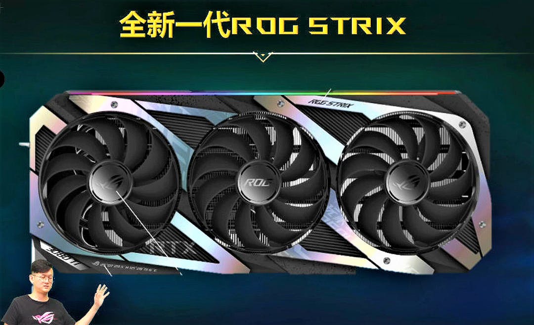 Een gelekt ontwerp van de nieuwe ASUS ROG Strix GeForce RTX 3080 Ti, vermoedelijk uit een interne vergadering bij de fabrikant.