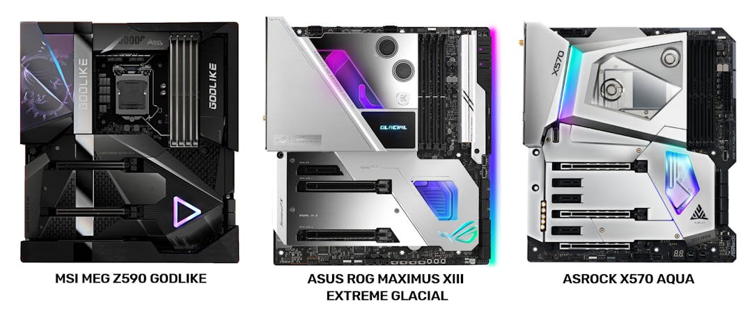 Vergelijkingsbeeld van respectievelijk de MSI MEG Z590 Godlike, ASUS ROG Maximius XIII Extreme Glacial en de ASRock X570 Aqua moederborden.