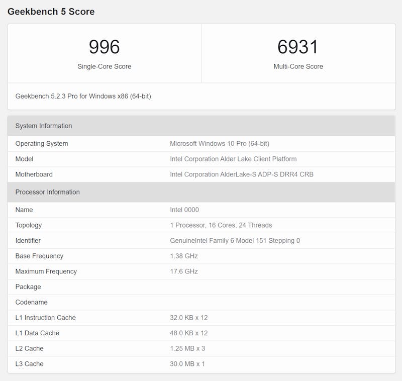 Benchmark-resultaten en verdere informatie over een nog onaangekondigde Intel-processor uit de Alder Lake-S generatie.