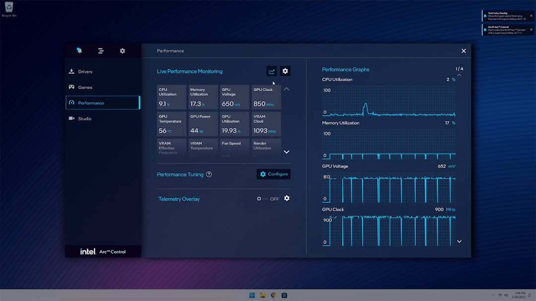 Screenshot van de Intel Arc Control-software in een Windows 11-omgeving.