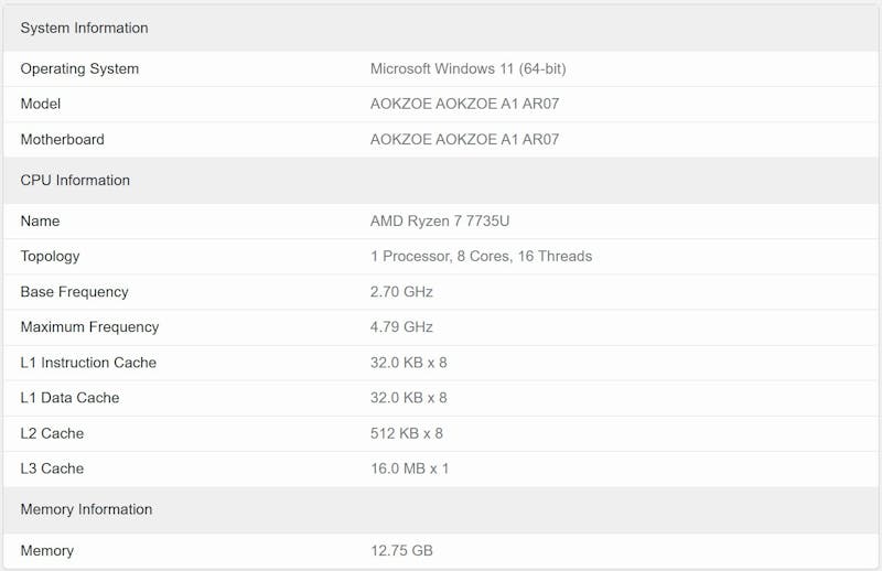 Screenshot van de systeeminformatie van een nieuwe Aokzoe A1-handheld, ditmaal met de Ryzen 7 7735U-chipset.