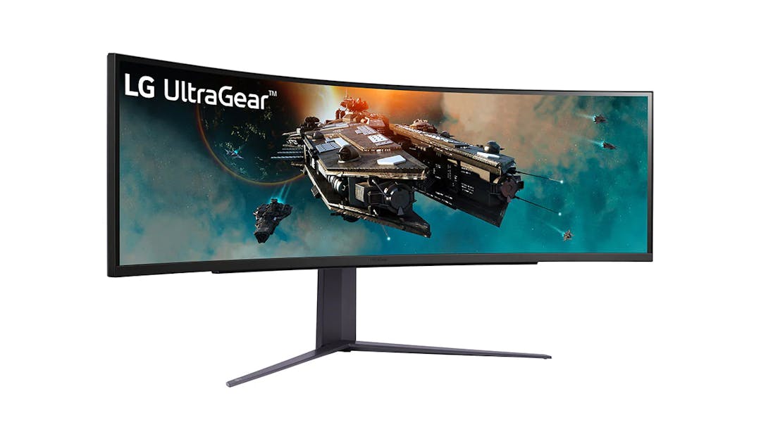 Productfoto van de LG UltraGear 49GR85DC-B, een ultrawide gamingmonitor met een dqhd-resolutie op 240 hertz.