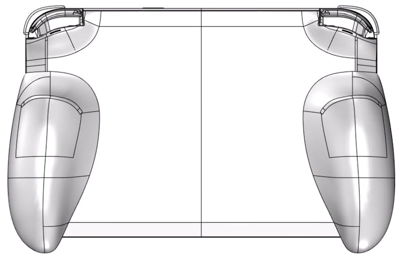 Blauwdruk van de onderzijde van de GPD Win Mini-handheld, met een 'backplate' met controller-achtige palmgrepen.
