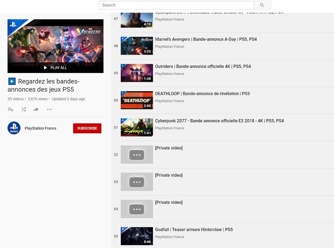 youtubesony.jpg Drie privévideo's op officiële PS5-afspeellijst gevonden